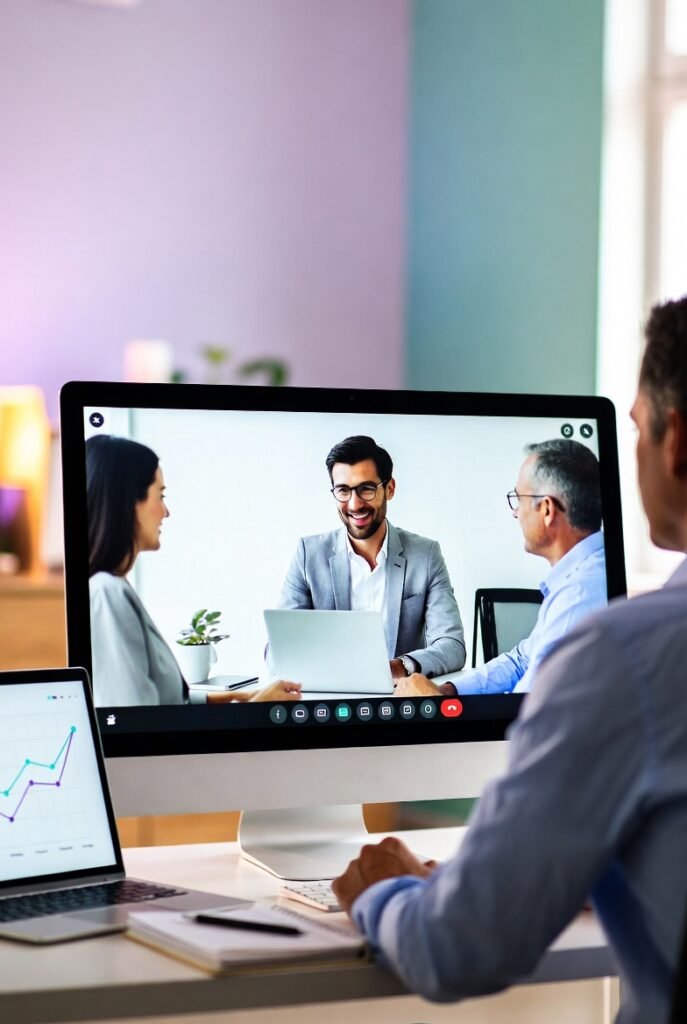 Two accountants on a video call with an SEO specialist, discussing traffic and goals.