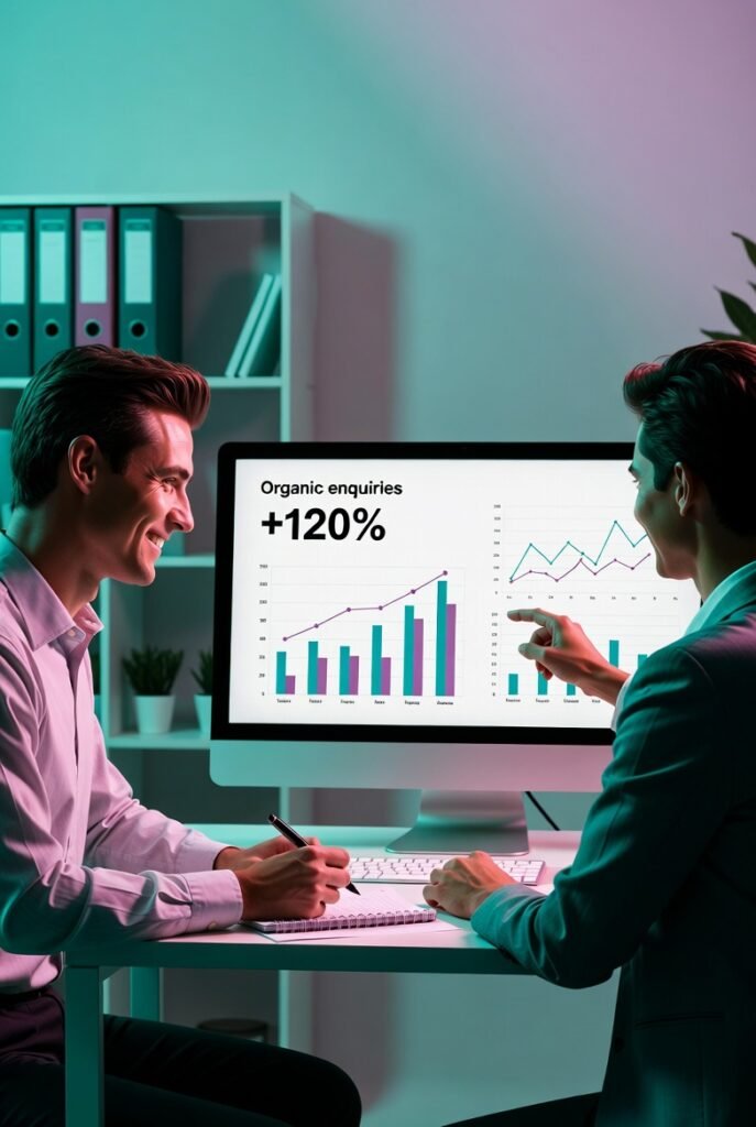 Accountant reviewing clear monthly SEO report with the SEO consultant.