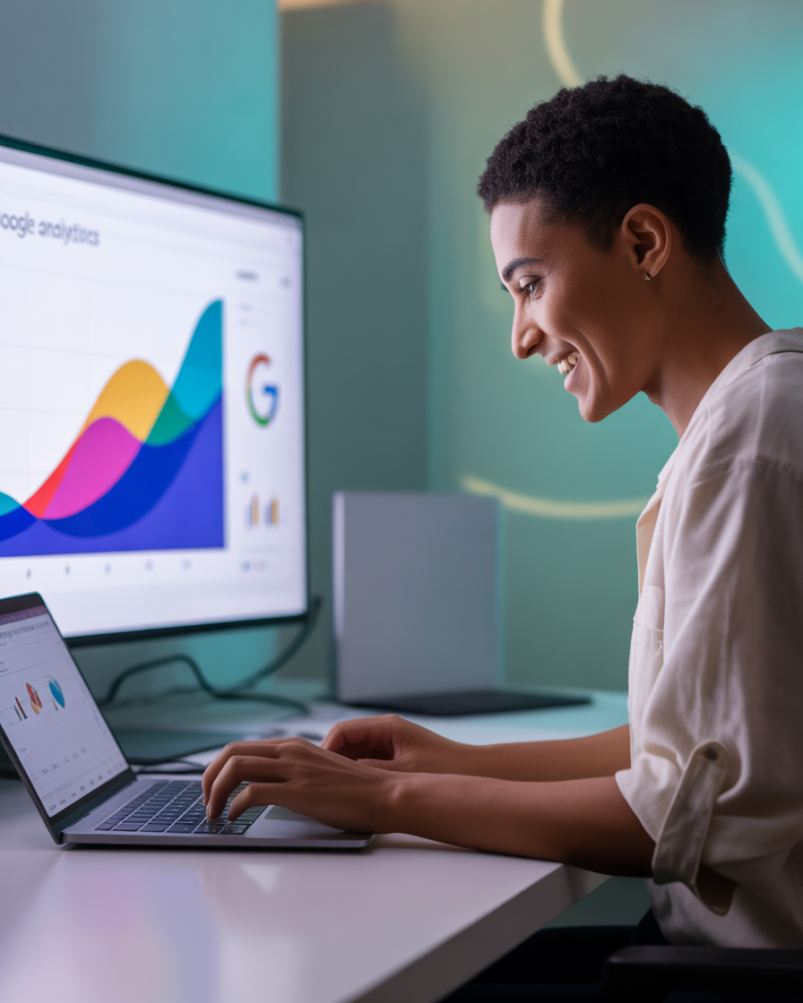 SEO specialist reviewing Google Analytics style graphs on a large monitor and laptop