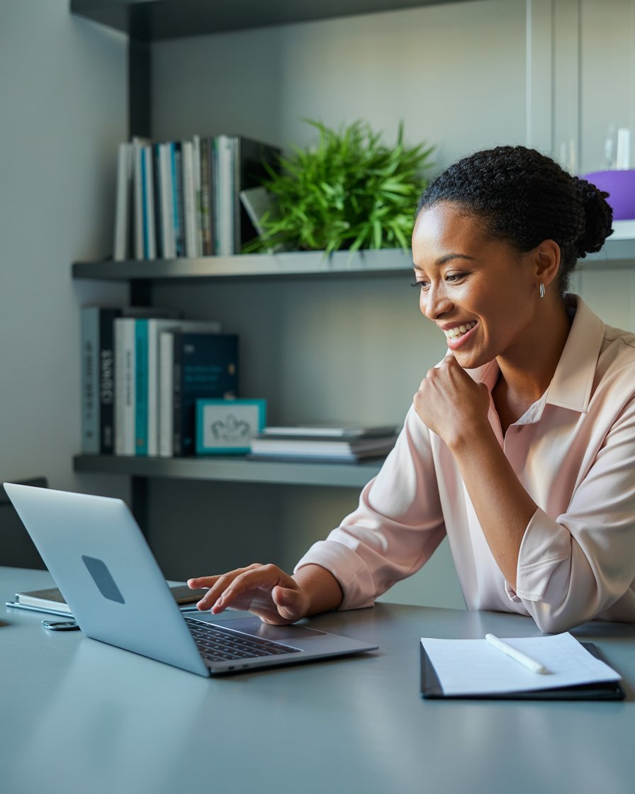 Smiling professional woman using a laptop in a modern office during a video call