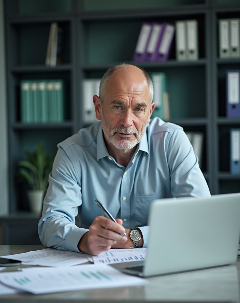 Senior accounting firm owner reviewing financial reports at his desk with laptop and documents